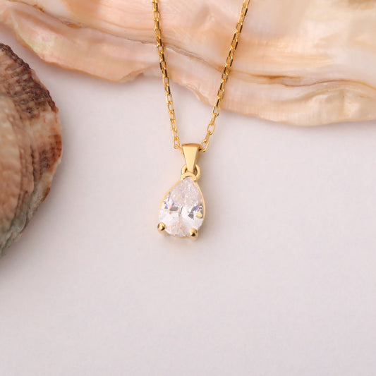 Drop White Topaz Necklace in 14K Solid Gold, April Birthstone Pendant