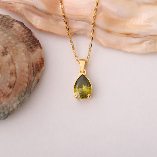 Drop Peridot Necklace in 14K Solid Gold, August Birthstone Pendant