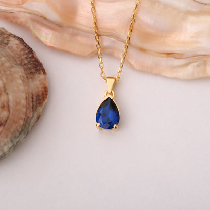 Drop Sapphire Necklace in 14K Solid Gold, September Birthstone Pendant