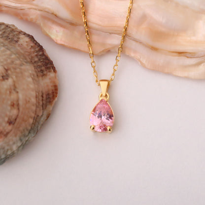 Drop Pink Tourmaline Necklace in 14K Solid Gold, October Birthstone Pendant