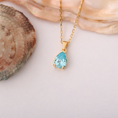 Drop Aquamarine Necklace in 14K Solid Gold, March Birthstone Pendant