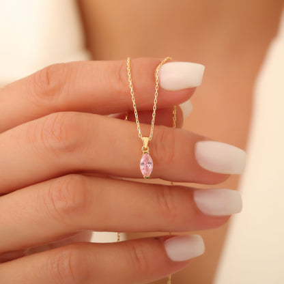 Pink Tourmaline Marquise Necklace in 14K Solid Gold | October Birthstone Pendant