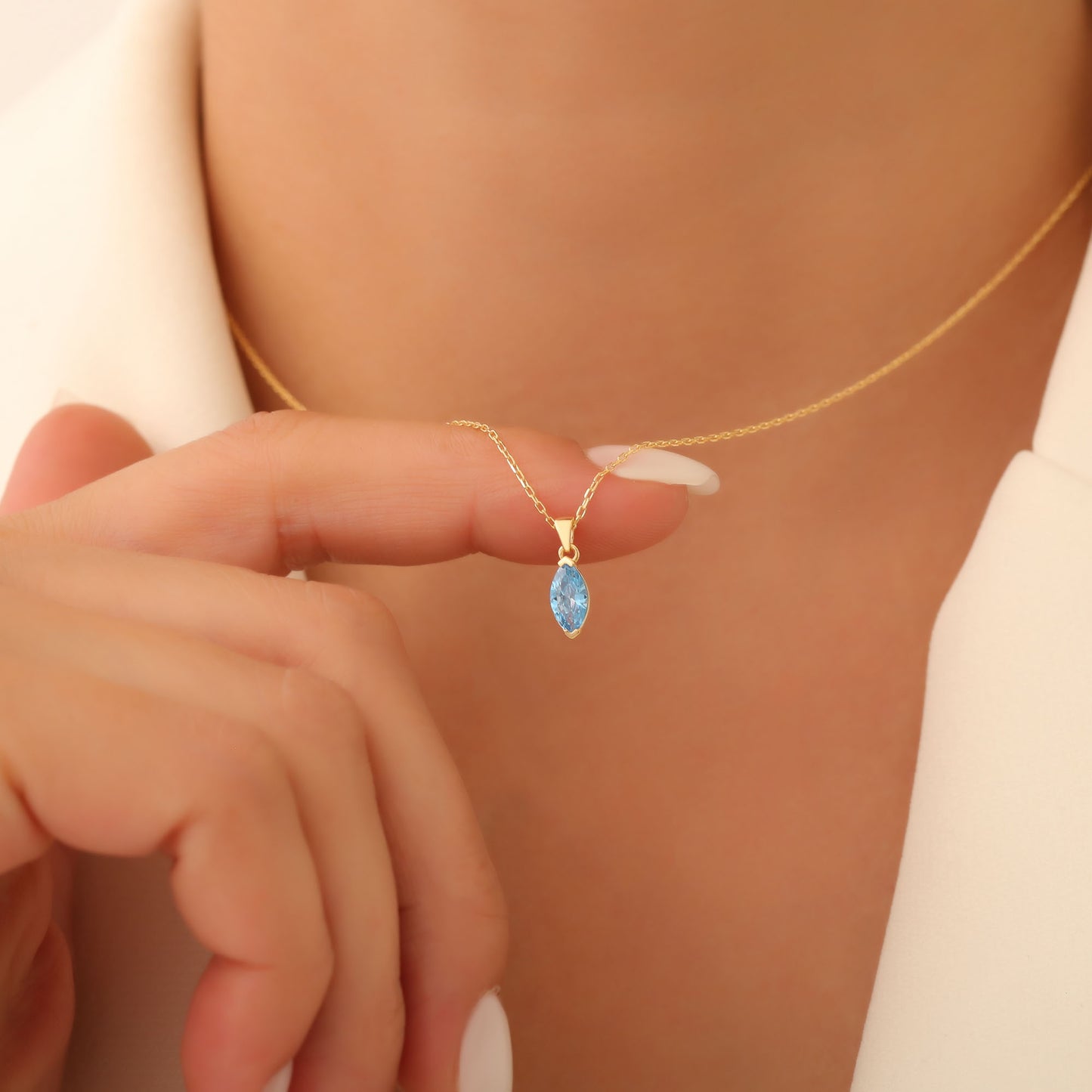 Blue Topaz Marquise Necklace in 14K Solid Gold | December Birthstone Pendant