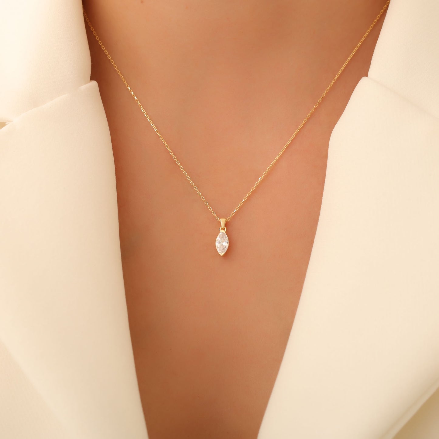 White Topaz Marquise Necklace in 14K Solid Gold | April Birthstone Pendant