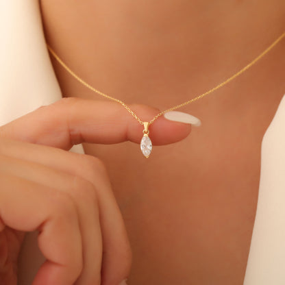 White Topaz Marquise Necklace in 14K Solid Gold | April Birthstone Pendant