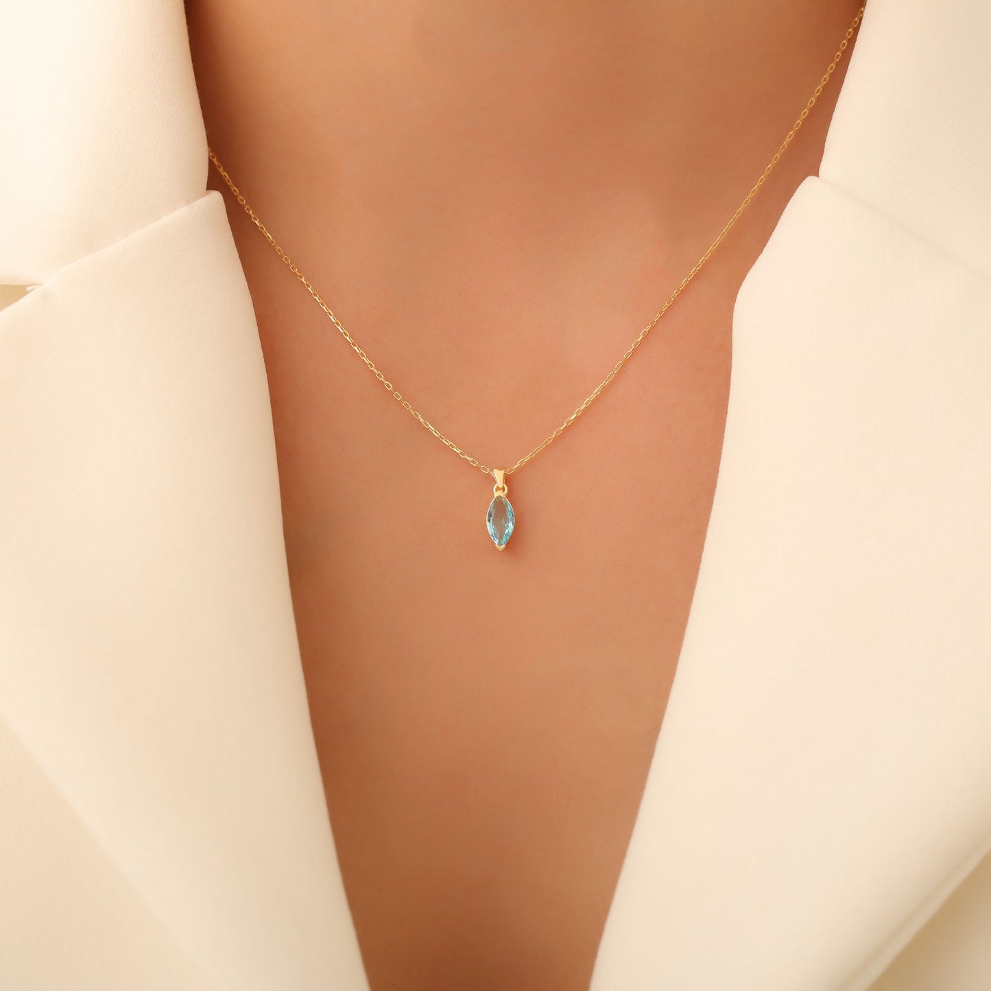 Aquamarine Marquise Necklace in 14K Solid Gold | March Birthstone Pendant