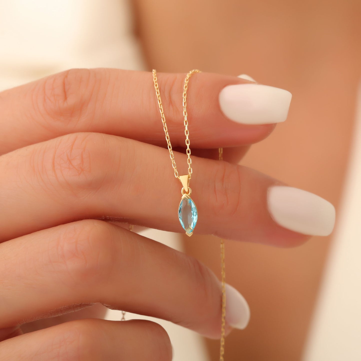 Aquamarine Marquise Necklace in 14K Solid Gold | March Birthstone Pendant