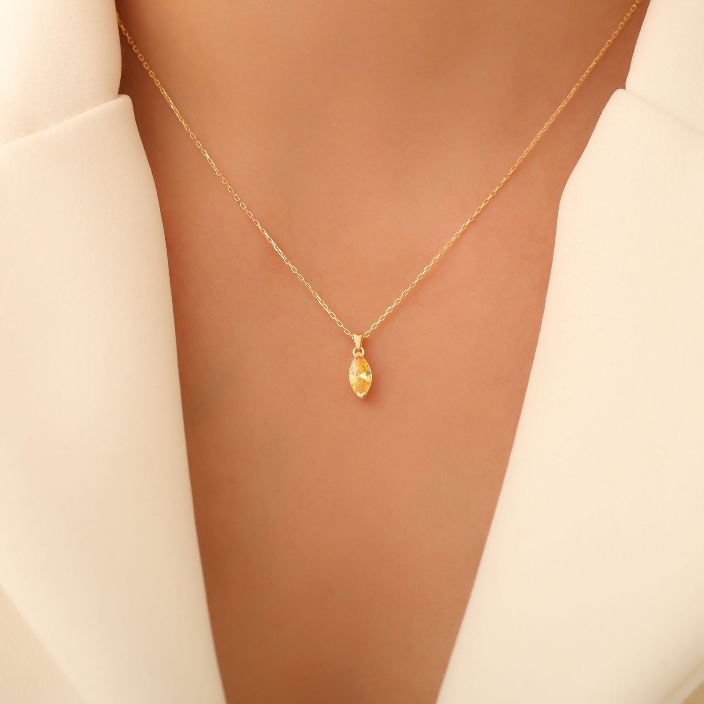 Yellow Topaz Marquise Necklace in 14K Solid Gold | Birthstone Pendant