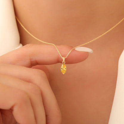 Yellow Topaz Marquise Necklace in 14K Solid Gold | Birthstone Pendant