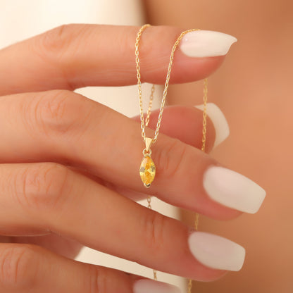 Yellow Topaz Marquise Necklace in 14K Solid Gold | Birthstone Pendant