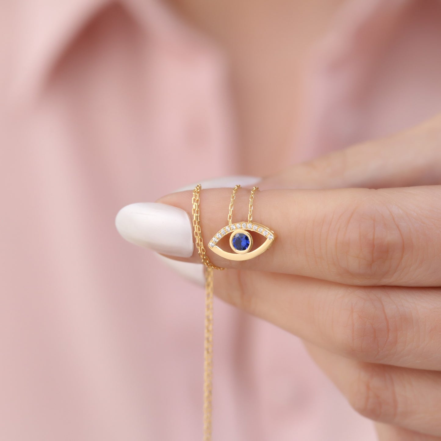 Dark Blue Sapphire Evil Eye Necklace in 14K Solid Gold with Real Diamonds | September Birthstone