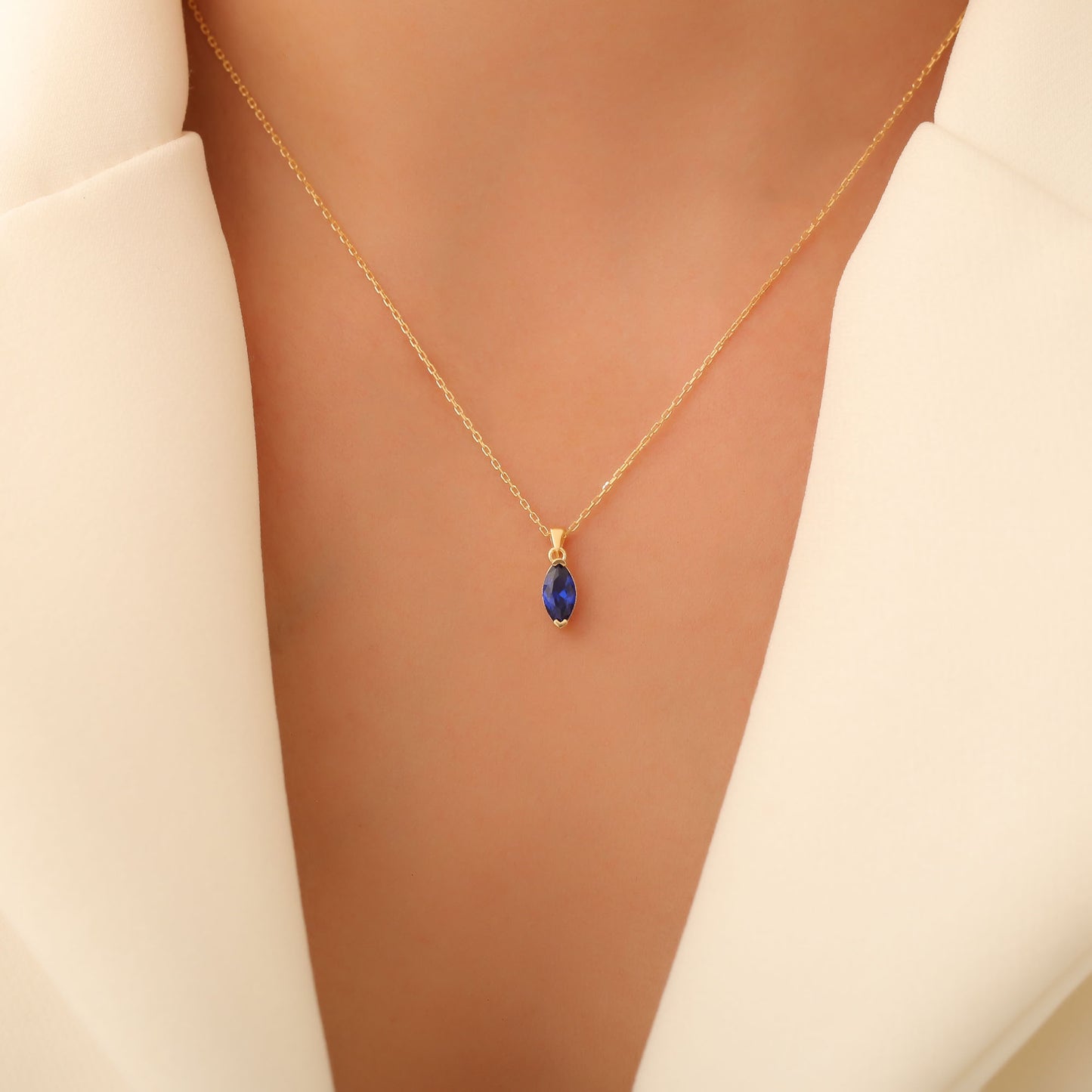 Sapphire Marquise Necklace in 14K Solid Gold | September Birthstone Pendant