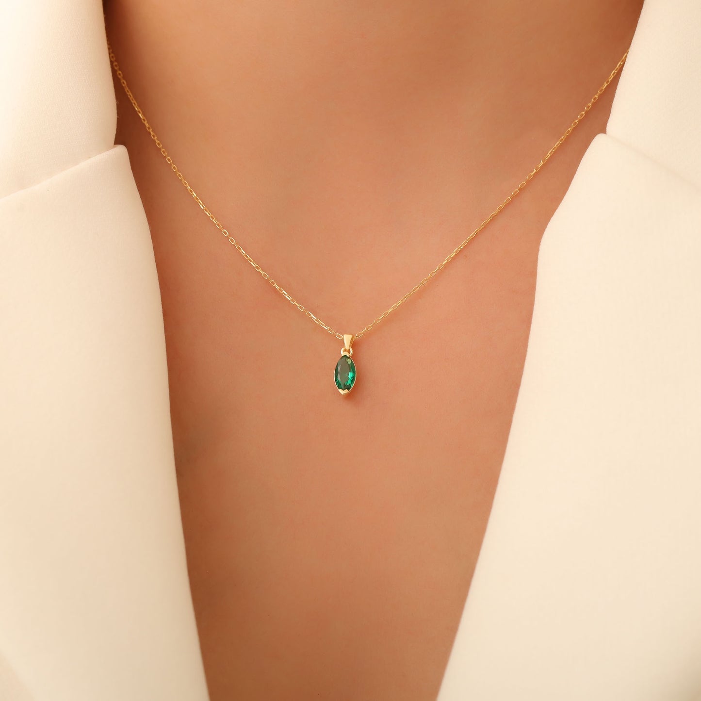 Emerald Marquise Necklace in 14K Solid Gold | May Birthstone Pendant