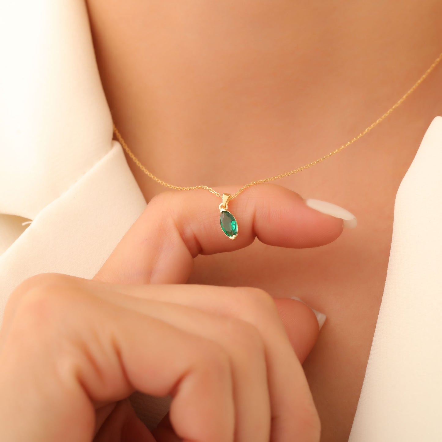 Emerald Marquise Necklace in 14K Solid Gold | May Birthstone Pendant