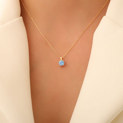 Blue Topaz Round Necklace in 14K Solid Gold | December Birthstone Pendant