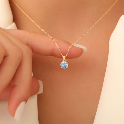 Blue Topaz Round Necklace in 14K Solid Gold | December Birthstone Pendant