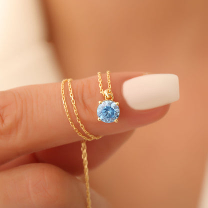 Blue Topaz Round Necklace in 14K Solid Gold | December Birthstone Pendant