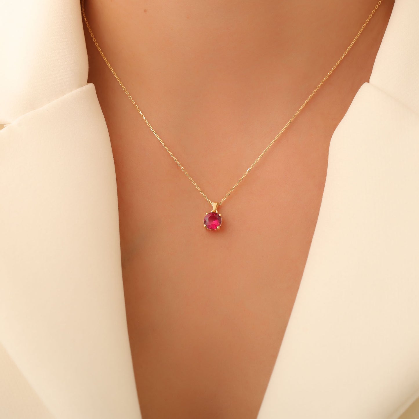 Ruby Round Necklace in 14K Solid Gold | July Birthstone Pendant