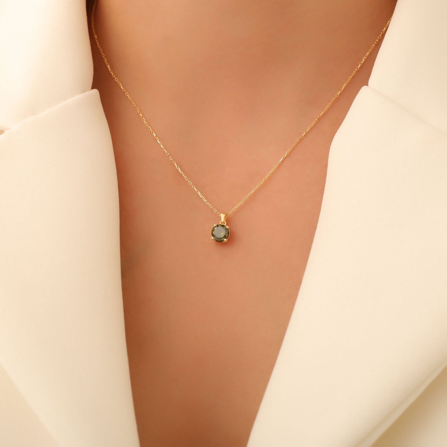 Peridot Round Necklace in 14K Solid Gold | August Birthstone Pendant