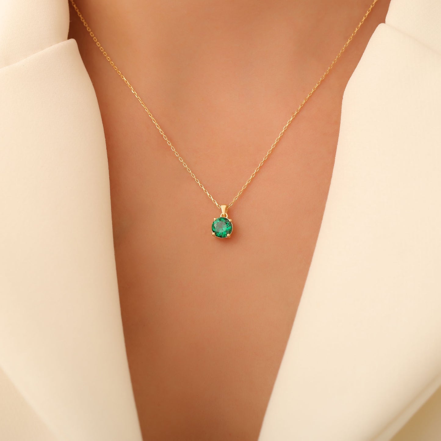 Emerald Round Necklace in 14K Solid Gold | May Birthstone Pendant