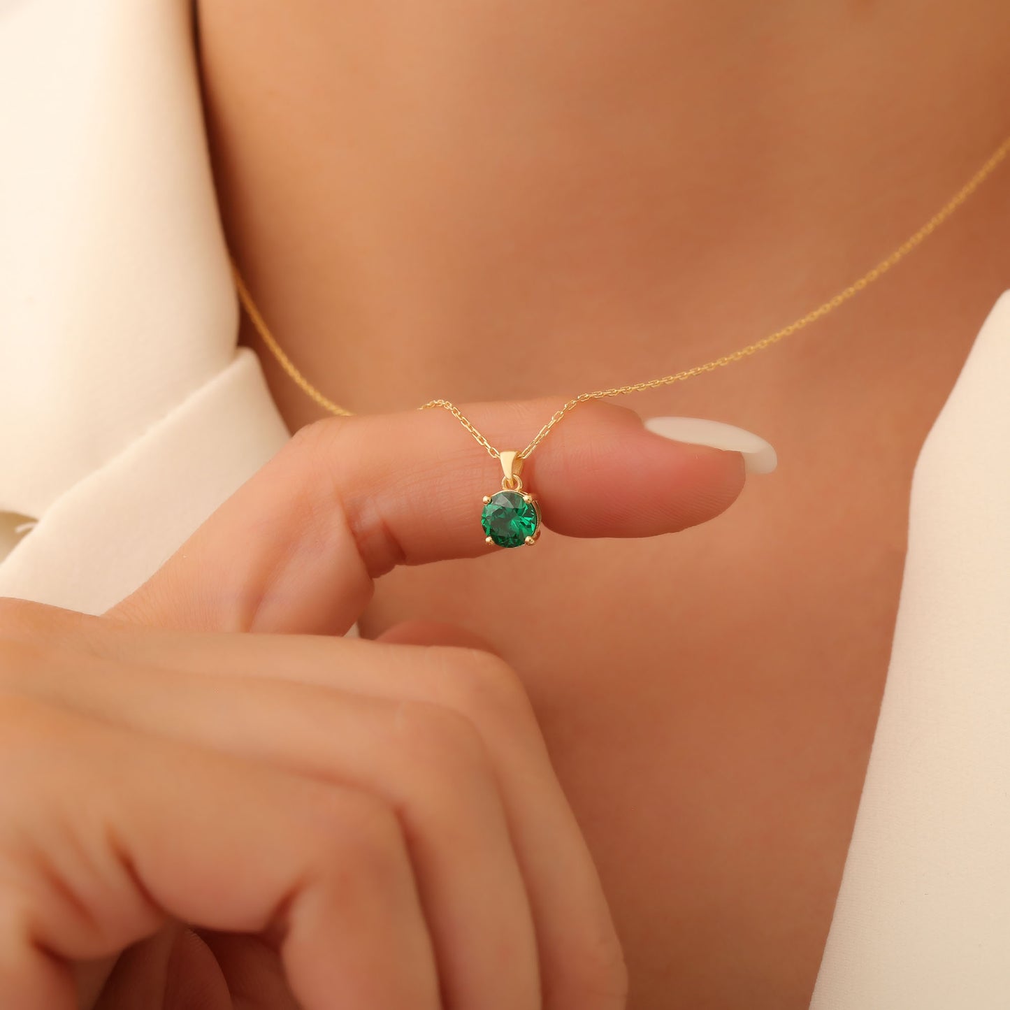 Emerald Round Necklace in 14K Solid Gold | May Birthstone Pendant