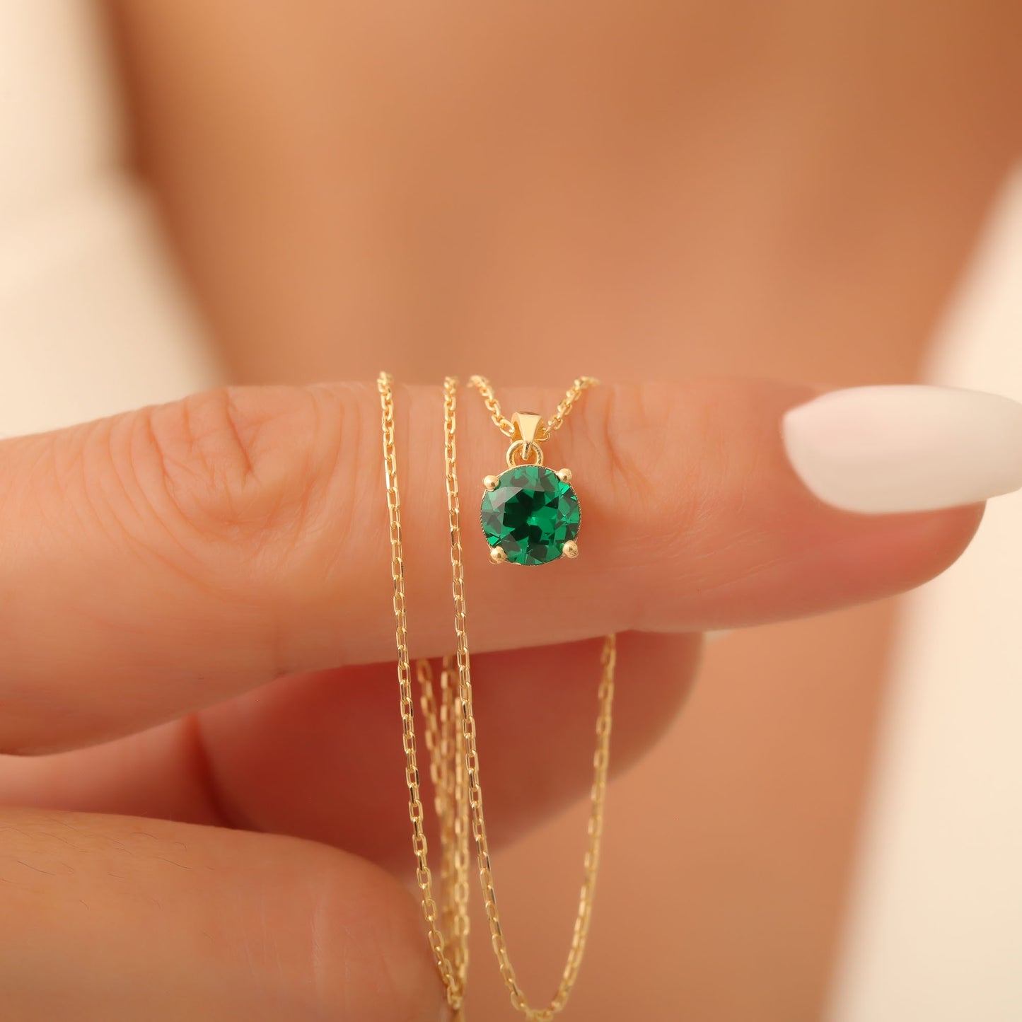 Emerald Round Necklace in 14K Solid Gold | May Birthstone Pendant