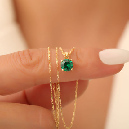 Emerald Round Necklace in 14K Solid Gold | May Birthstone Pendant