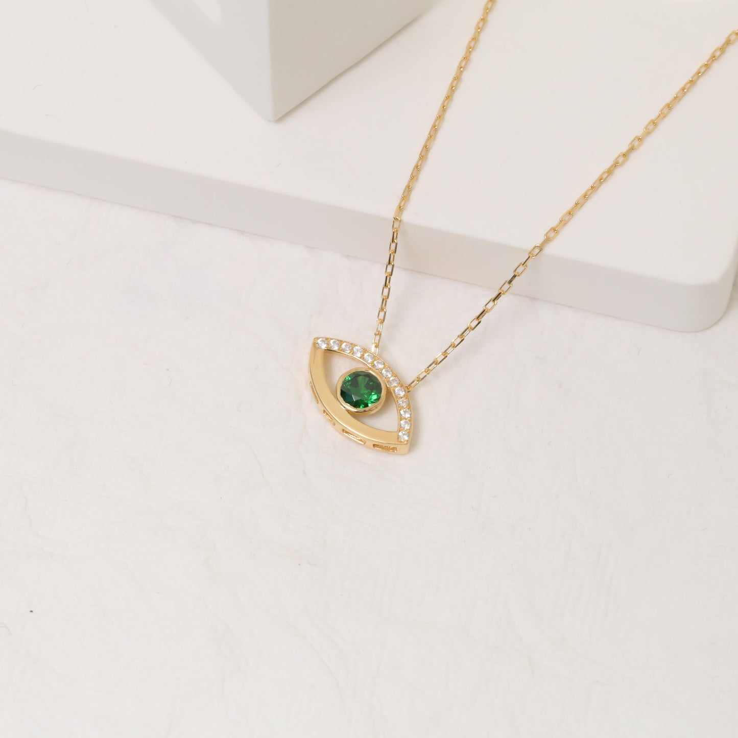 Green Eye Necklace in 14K Solid Gold with Real Diamonds, Emerald Birthstone Jewelry