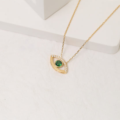 Green Eye Necklace in 14K Solid Gold with Real Diamonds, Emerald Birthstone Jewelry