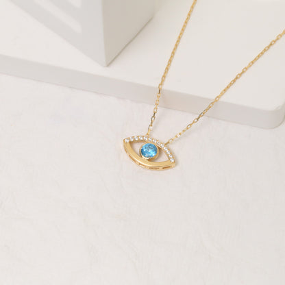 Blue Evil Eye Necklace in 14K Solid Gold with Real Diamonds, Symbol of Protection