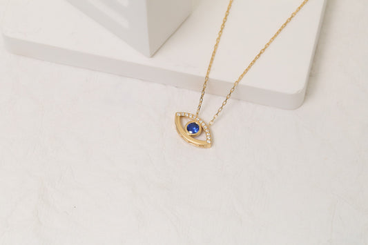 Dark Blue Sapphire Evil Eye Necklace in 14K Solid Gold with Real Diamonds | September Birthstone