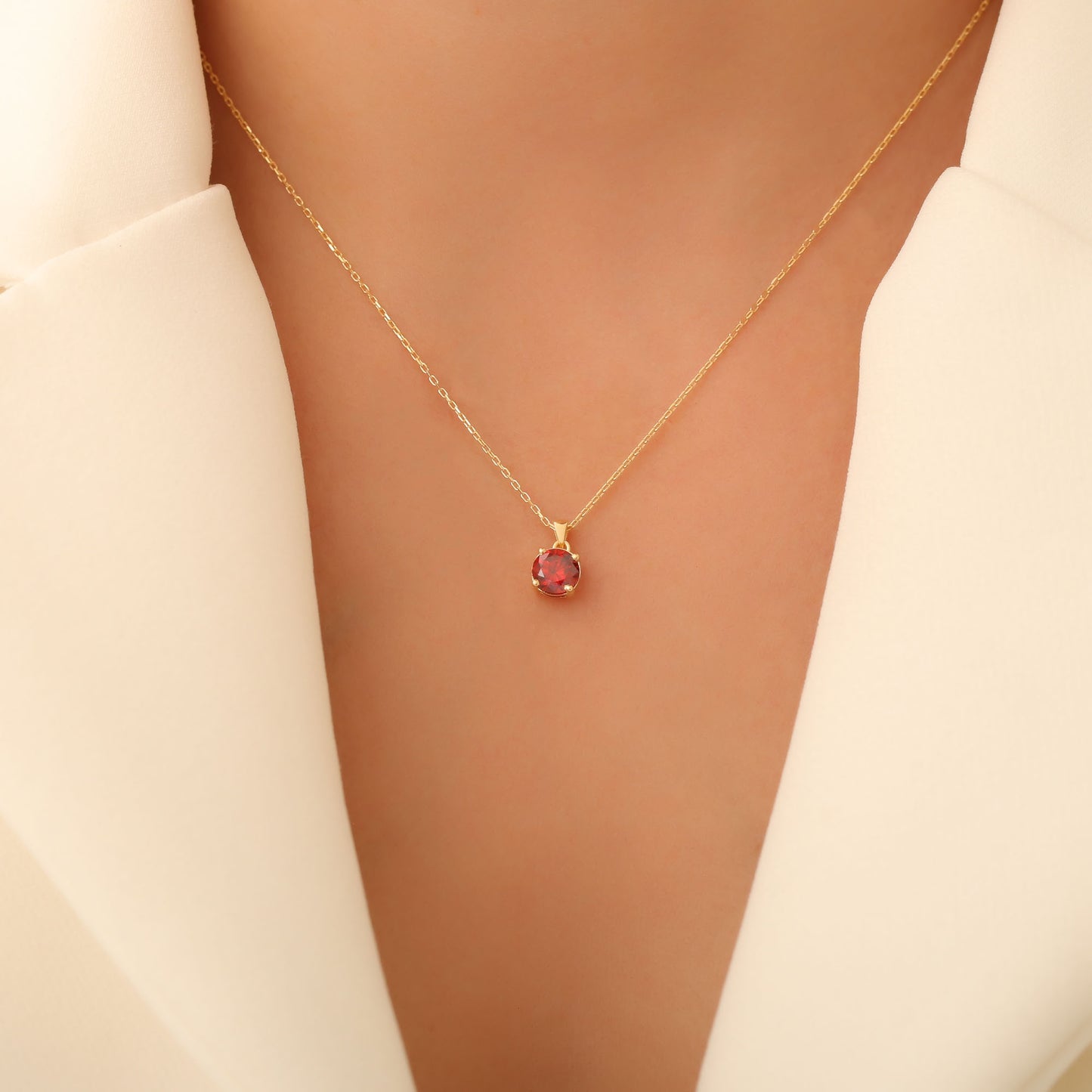 Garnet Round Necklace in 14K Solid Gold | January Birthstone Pendant