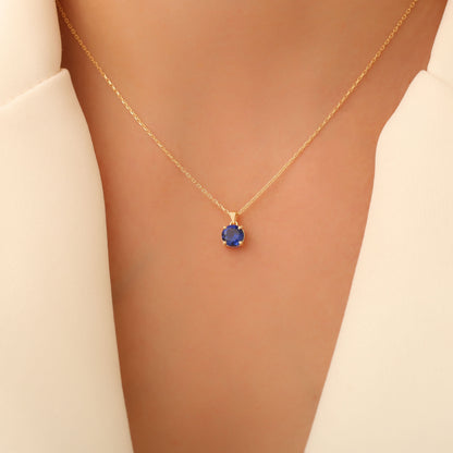 Sapphire Round Necklace in 14K Solid Gold | September Birthstone Pendant