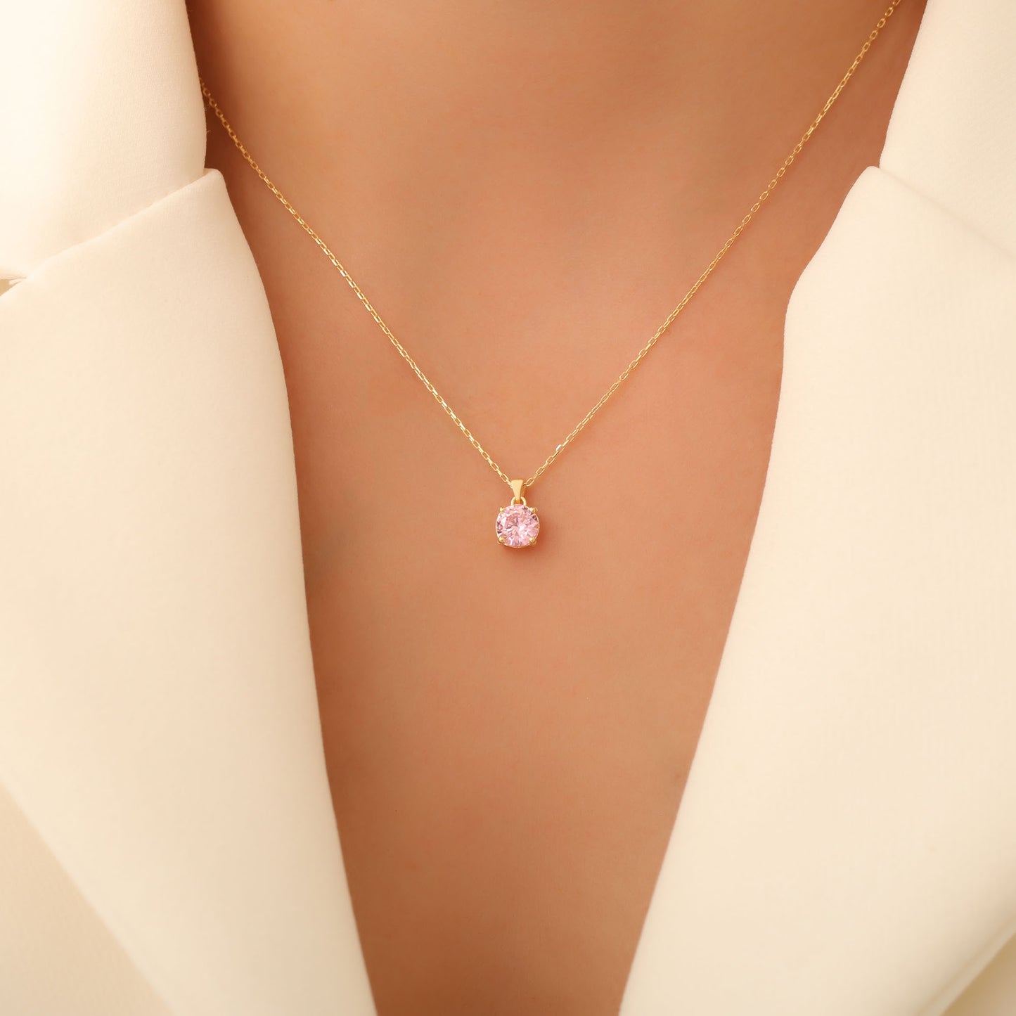 Pink Tourmaline Round Necklace in 14K Solid Gold | October Birthstone Pendant