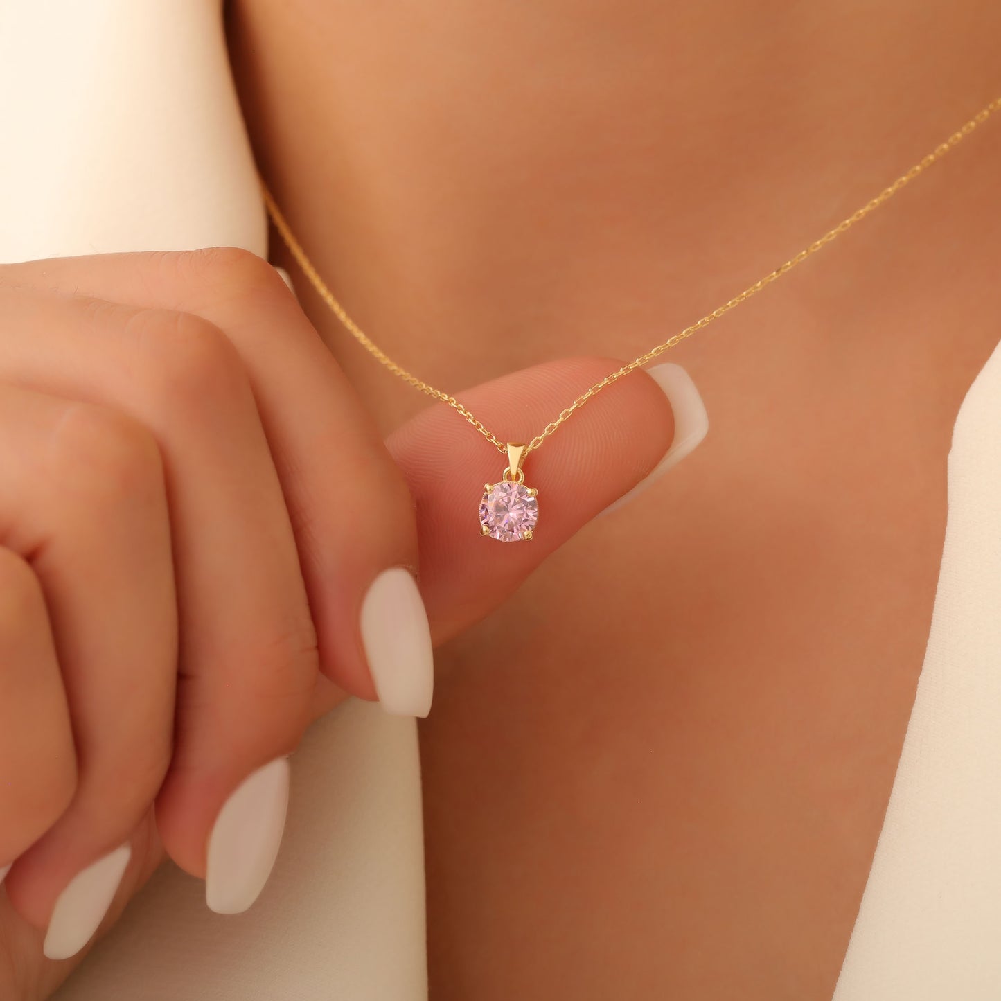 Pink Tourmaline Round Necklace in 14K Solid Gold | October Birthstone Pendant