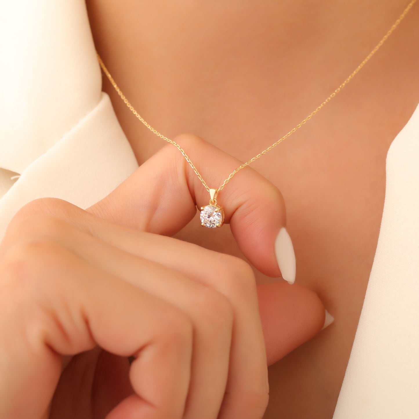 White Topaz Round Necklace in 14K Solid Gold | April Birthstone Pendant