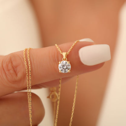 White Topaz Round Necklace in 14K Solid Gold | April Birthstone Pendant