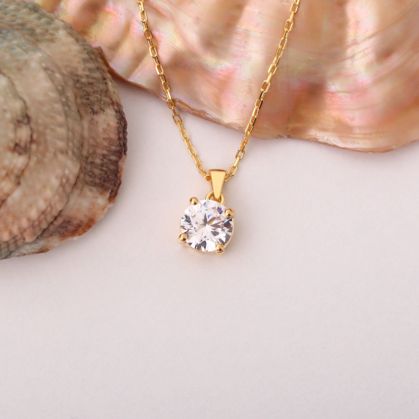 White Topaz Round Necklace in 14K Solid Gold | April Birthstone Pendant