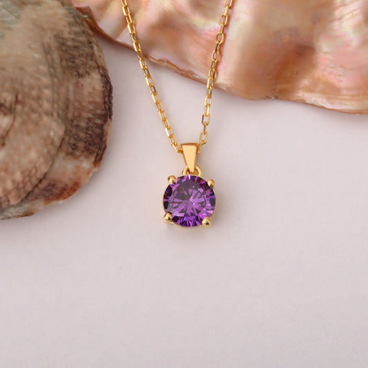 Amethyst Round Necklace in 14K Solid Gold | February Birthstone Pendant