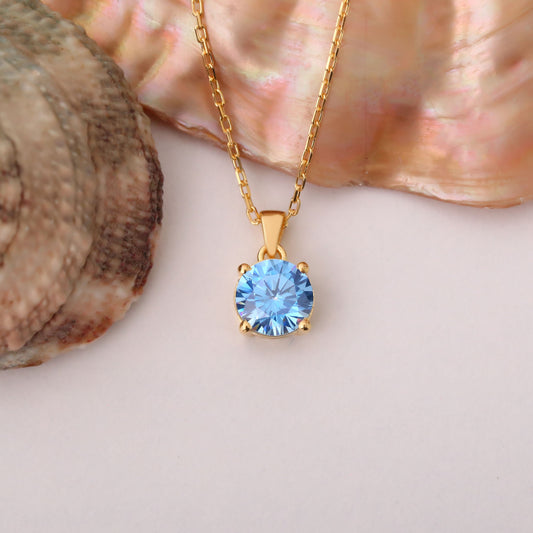 Blue Topaz Round Necklace in 14K Solid Gold | December Birthstone Pendant