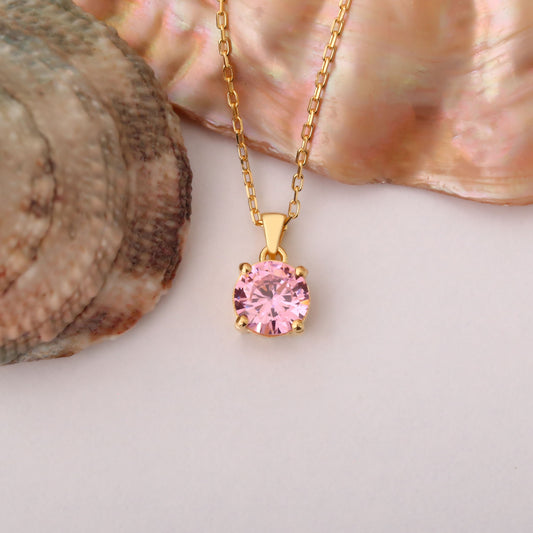 Pink Tourmaline Round Necklace in 14K Solid Gold | October Birthstone Pendant