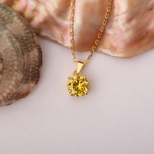 Yellow Topaz Round Necklace in 14K Solid Gold | Birthstone Pendant