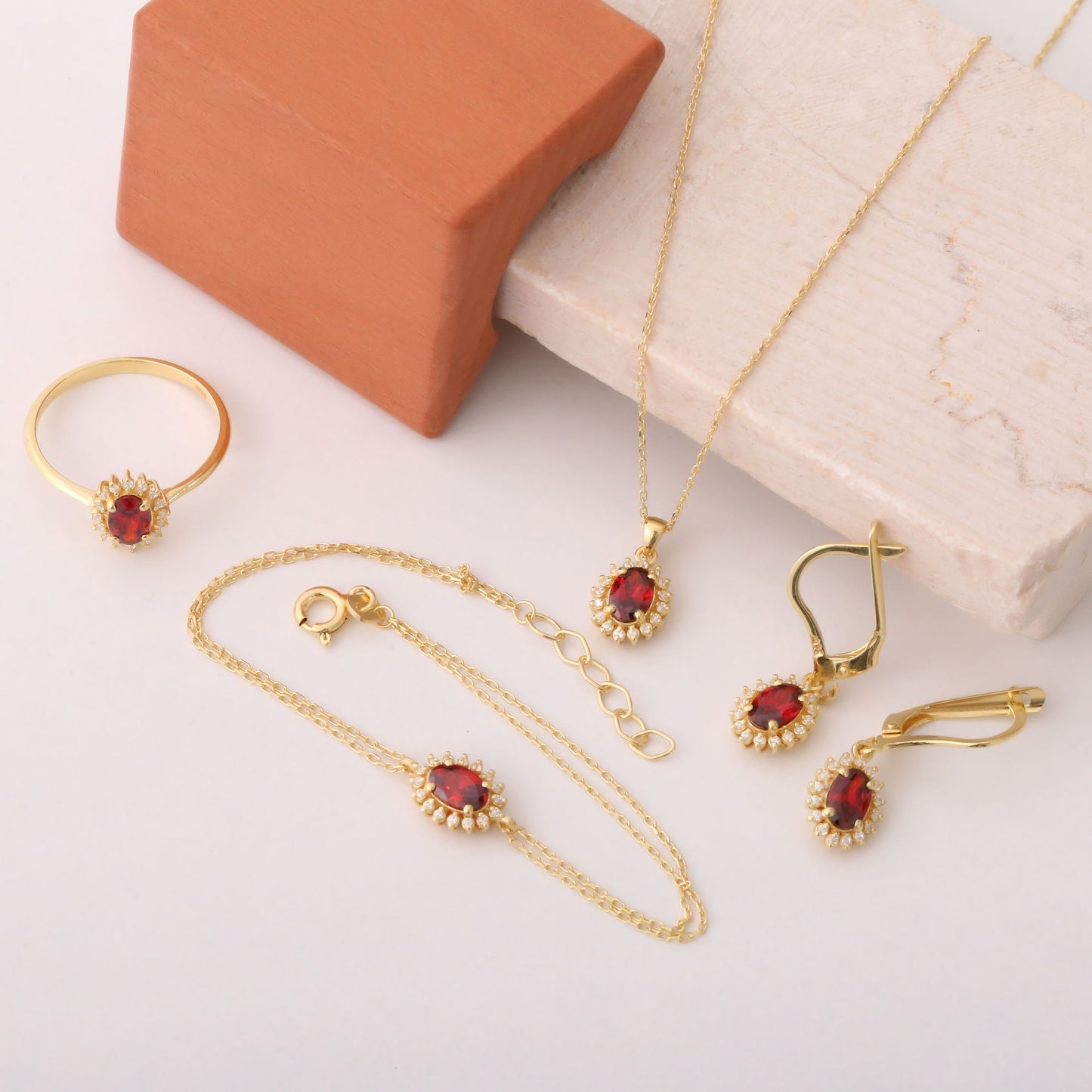 Oval Cut Garnet Necklace with Real Diamonds, 14K Solid Gold, January Birthstone Pendant