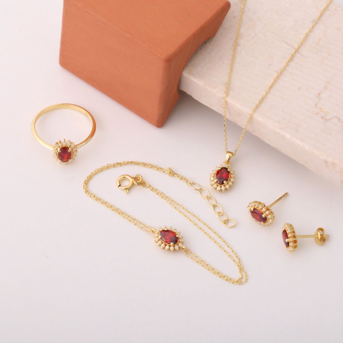 Oval Cut Garnet Necklace with Real Diamonds, 14K Solid Gold, January Birthstone Pendant