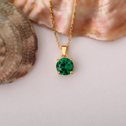 Emerald Round Necklace in 14K Solid Gold | May Birthstone Pendant