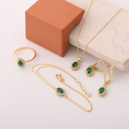 Oval Cut Emerald Necklace with Real Diamonds, 14K Solid Gold, May Birthstone Pendant