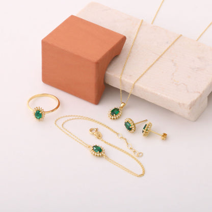 Oval Cut Emerald Dangling Earring Surrounded by Real Diamonds, 14K Solid Gold, May Birthstone