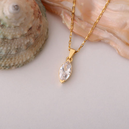 White Topaz Marquise Necklace in 14K Solid Gold | April Birthstone Pendant