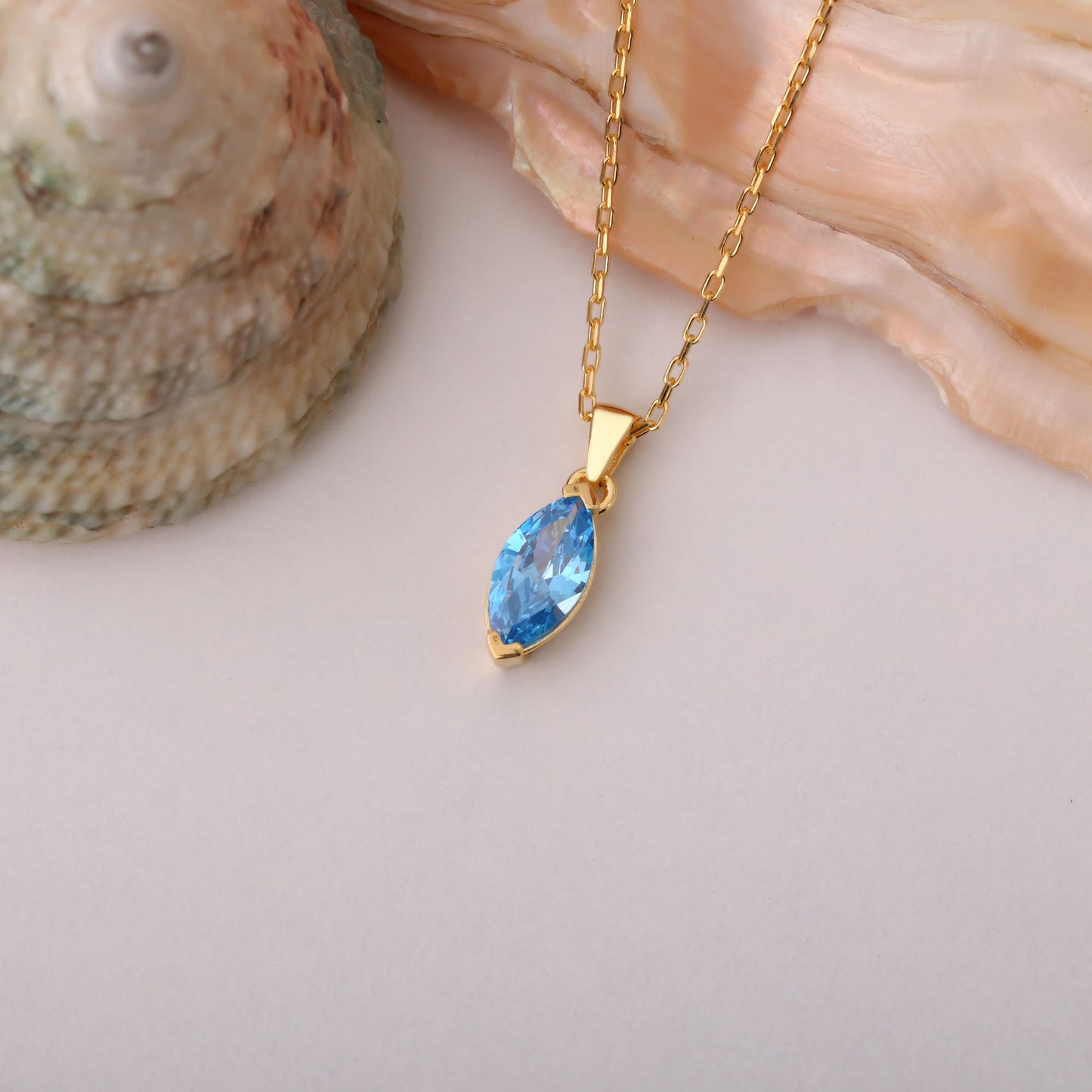 Blue Topaz Marquise Necklace in 14K Solid Gold | December Birthstone Pendant