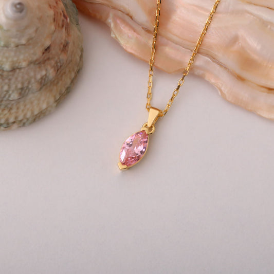 Pink Tourmaline Marquise Necklace in 14K Solid Gold | October Birthstone Pendant